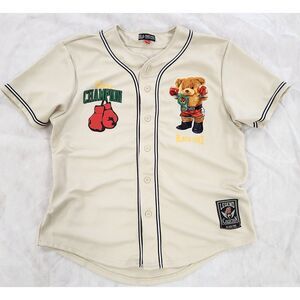 Black Pike Mens Baseball Jersey XL Cream Teddy Bear Graphic Streetwear